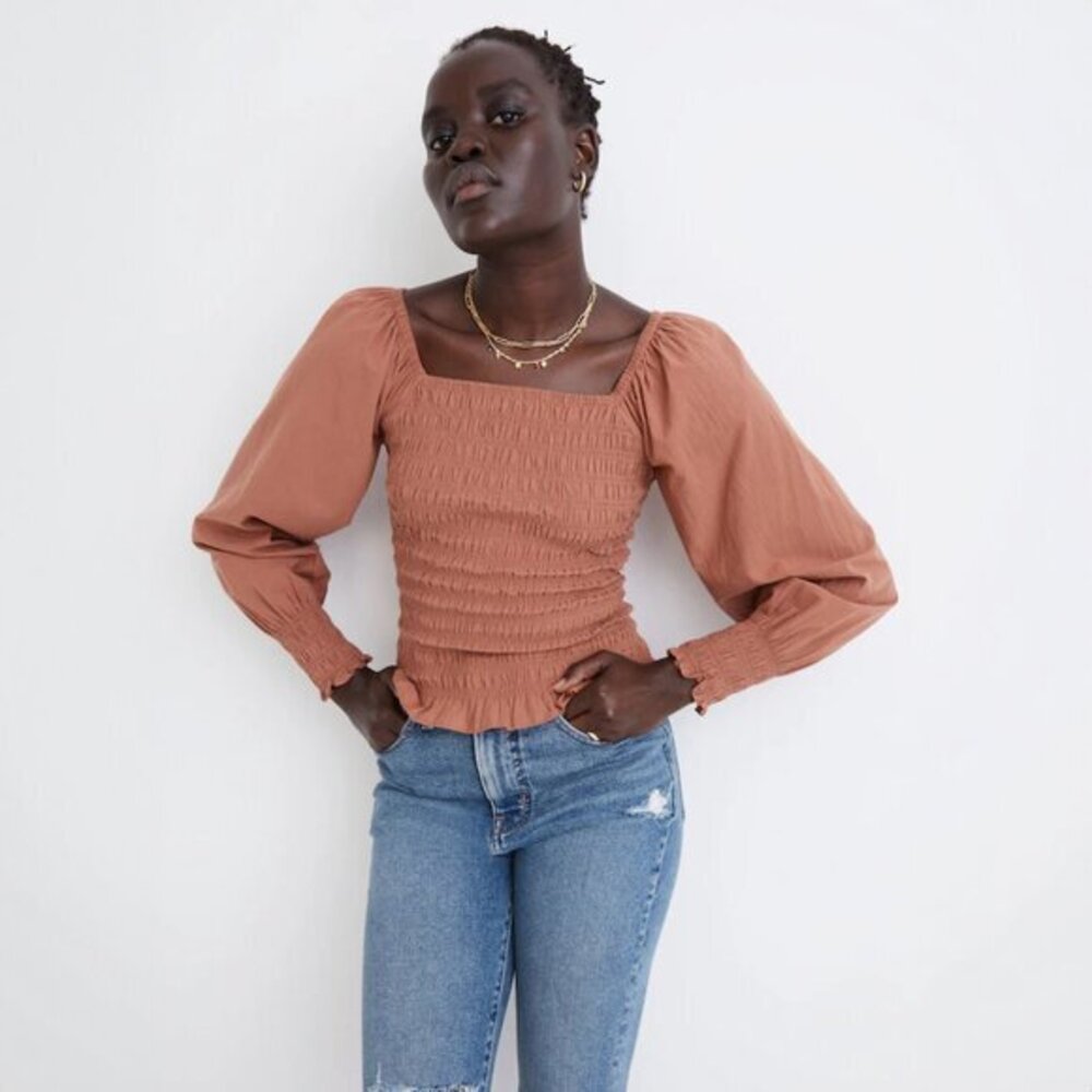 Madewell Lucie Bubble-Sleeve Smocked Top in Warm Umber - sz XS